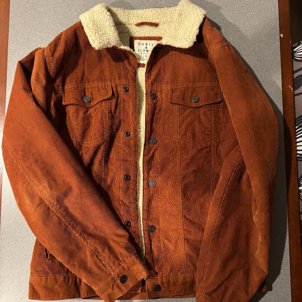 Men's Large Shearling lined Corduroy Jacket - Brown, Denim & Flower